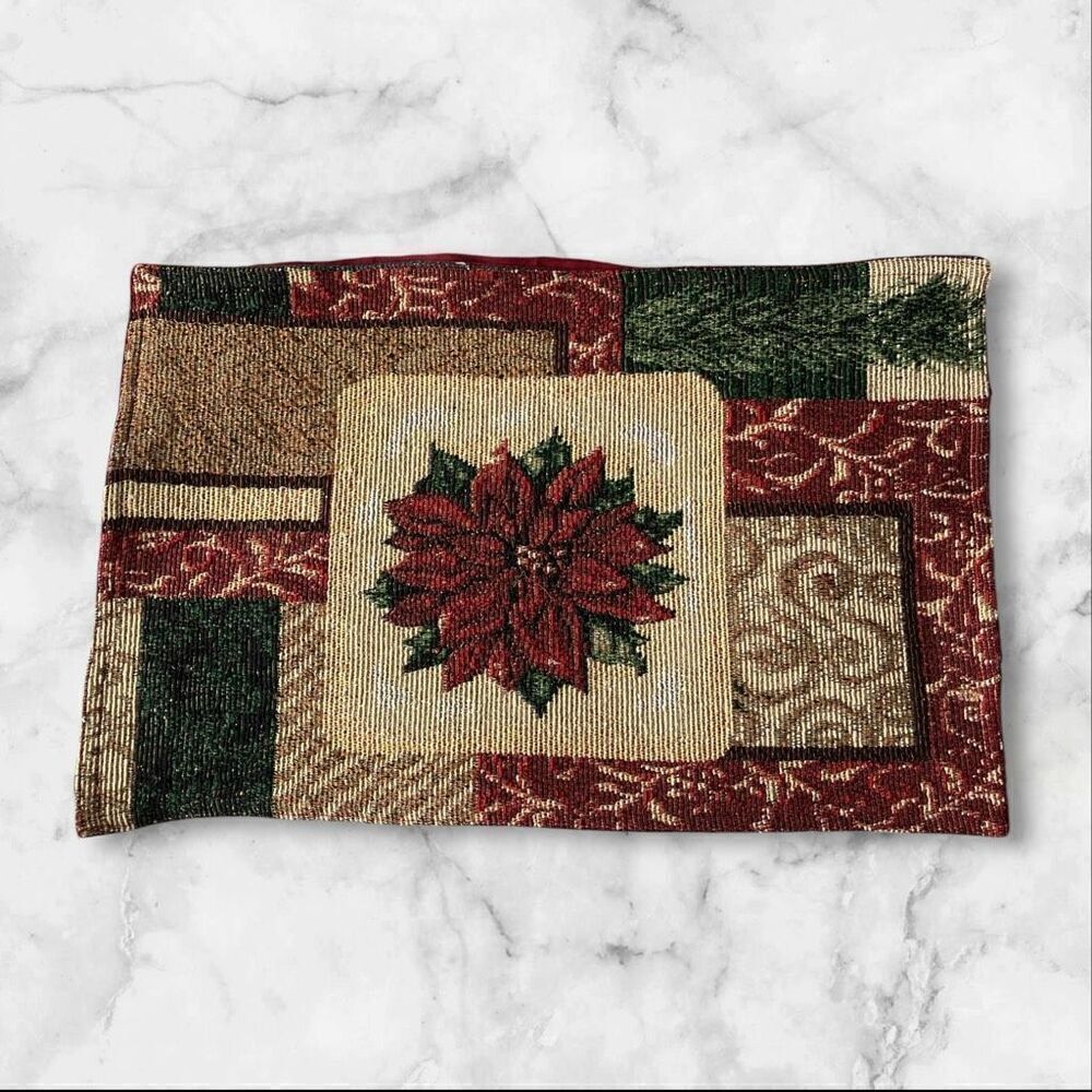 Set of 8 Cloth Metallic Embellished Holiday Poinsettia Placemats 11” x 8” Burgun